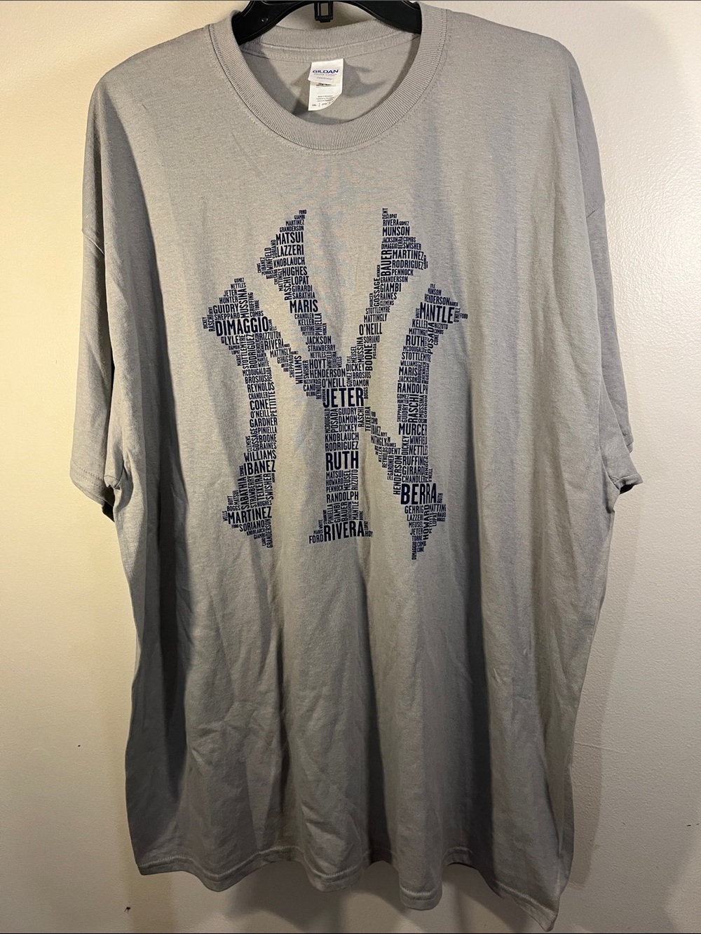 Gildan Gray Short Sleeve Tee with Navy Yankees Wordmark